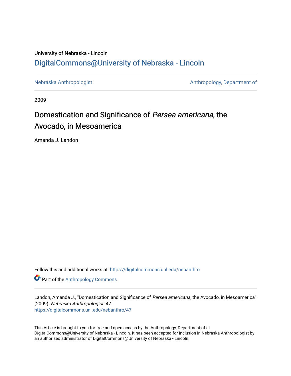 Domestication and Significance of Persea Americana, the Avocado, in Mesoamerica
