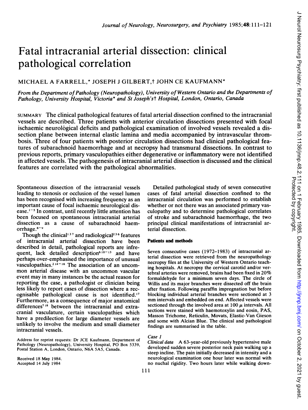 Fatal Intracranial Arterial Dissection: Clinical Pathological Correlation