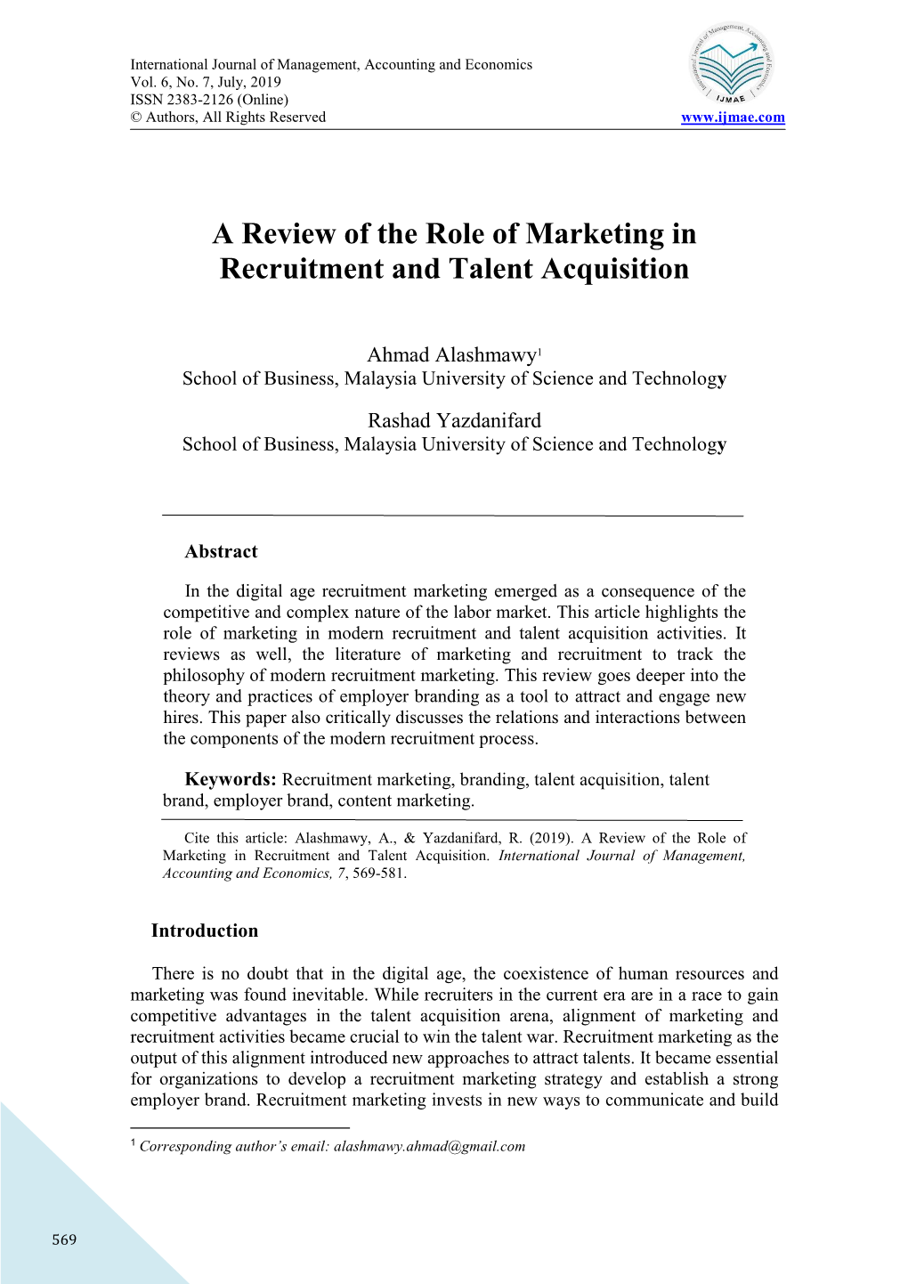 A Review of the Role of Marketing in Recruitment and Talent Acquisition