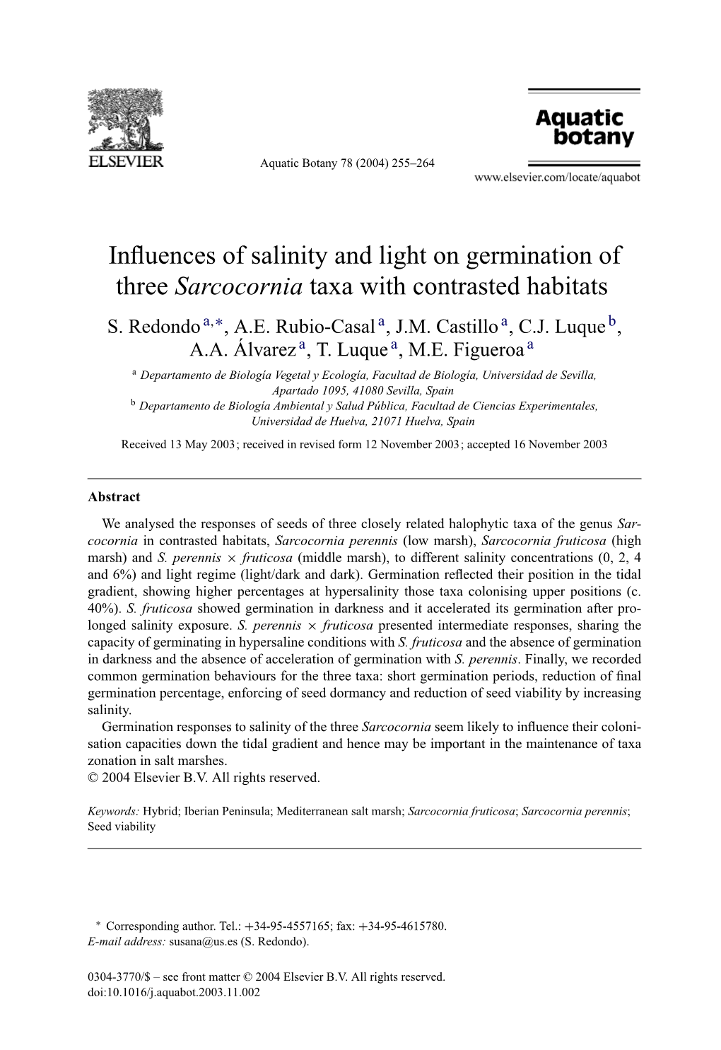 Influences of Salinity and Light on Germination of Three Sarcocornia Taxa with Contrasted Habitats