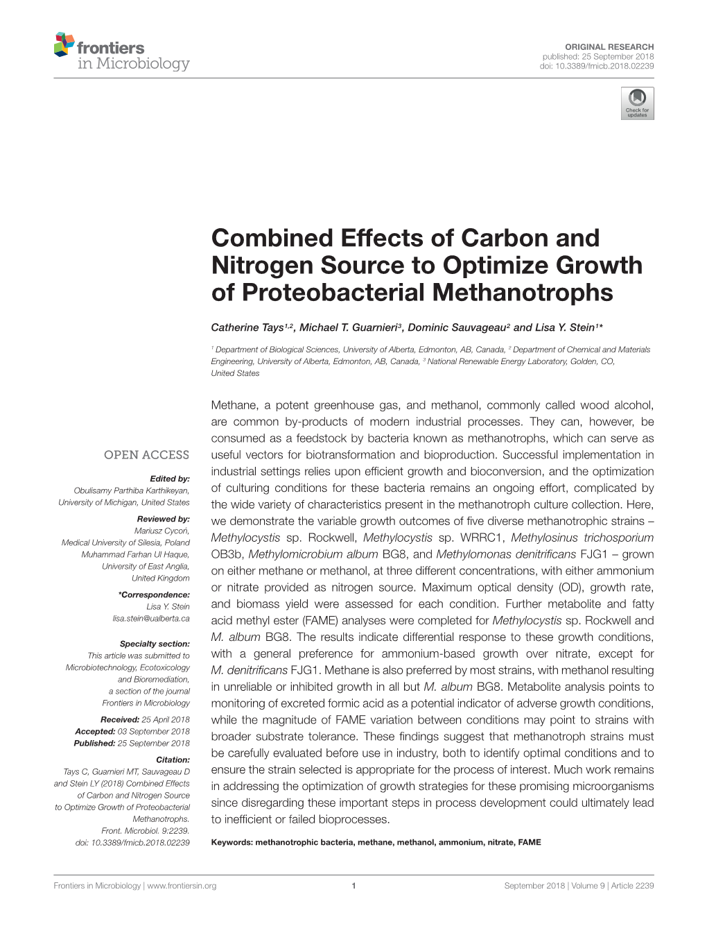 Combined Effects of Carbon and Nitrogen Source to Optimize Growth of Proteobacterial Methanotrophs