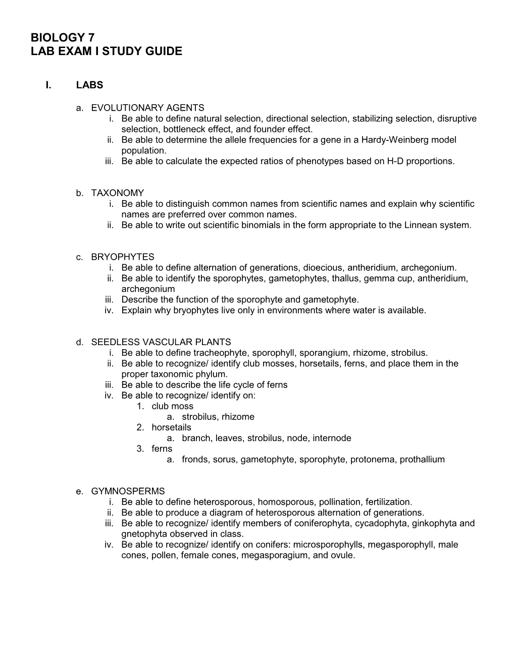 Biology 7 Lab Exam I Study Guide