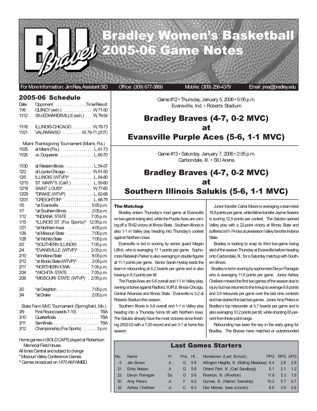 Bradley Women's Basketball 2005-06 Game Notes