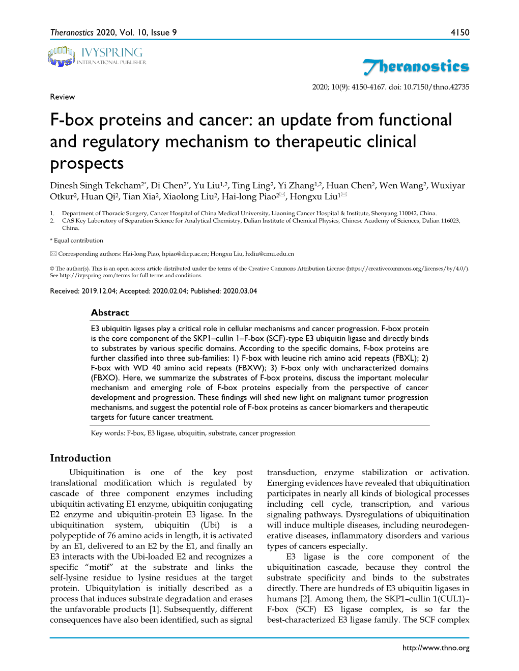 Theranostics F-Box Proteins and Cancer: an Update from Functional and Regulatory Mechanism to Therapeutic Clinical Prospects