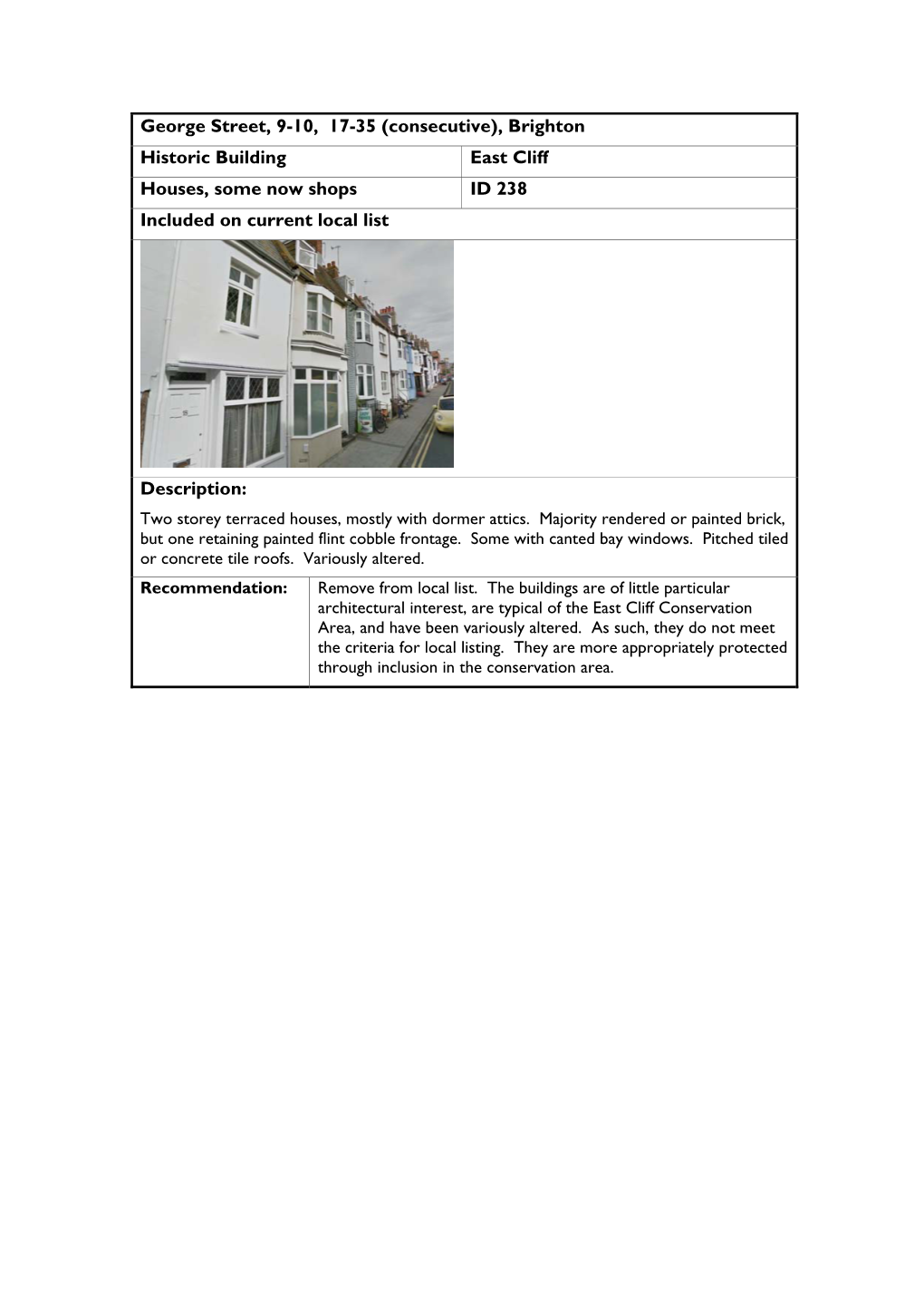 George Street, 9-10, 17-35 (Consecutive), Brighton Historic Building East Cliff Houses, Some Now Shops ID 238 Included on Current Local List