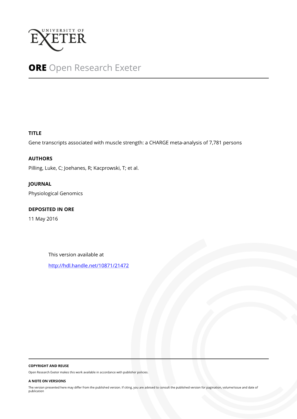 Gene Transcripts Associated with Muscle Strength: a CHARGE Meta-Analysis of 7,781 Persons