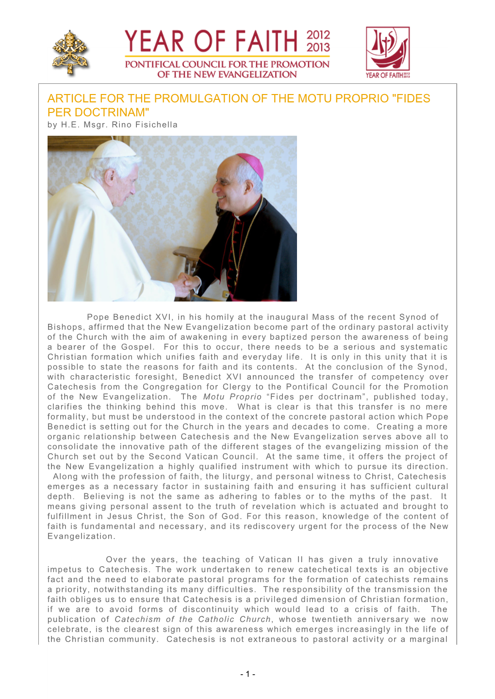 ARTICLE for the PROMULGATION of the MOTU PROPRIO 