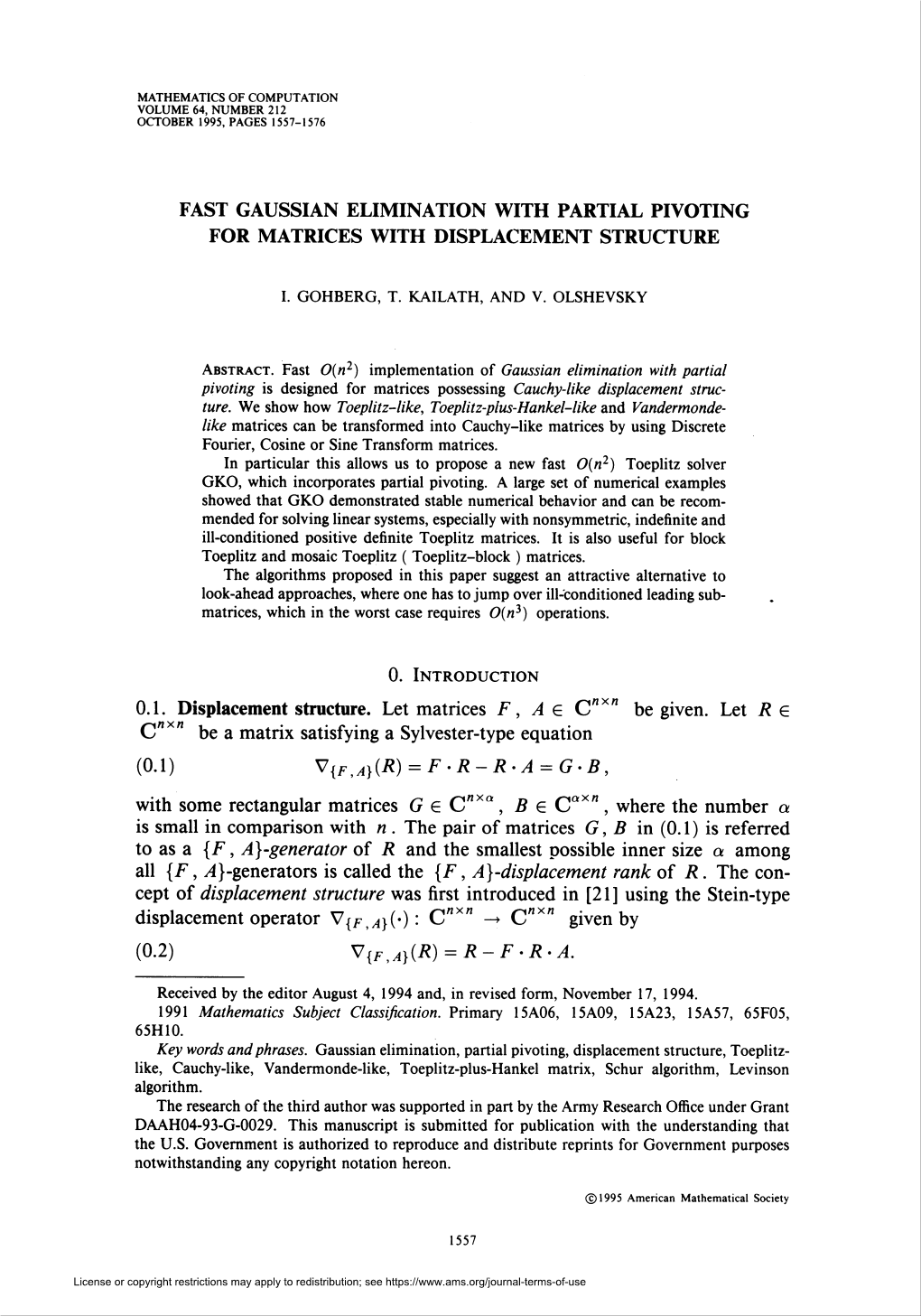 Fast Gaussian Elimination with Partial Pivoting for Matrices with Displacement Structure