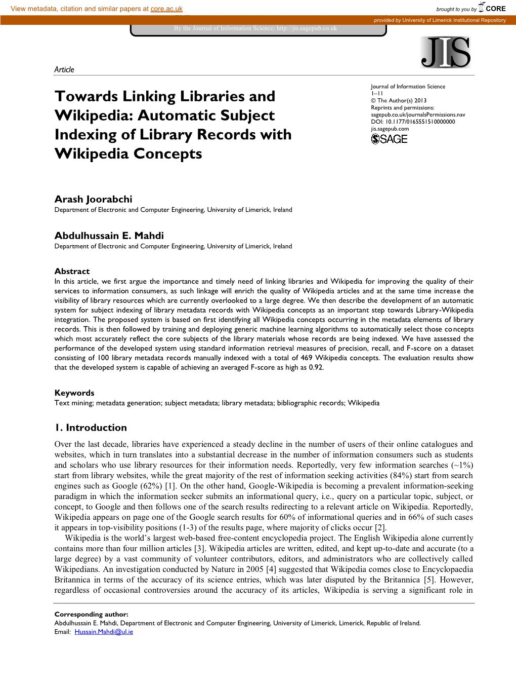 Automatic Subject Indexing of Library Records with Wikipedia Concepts