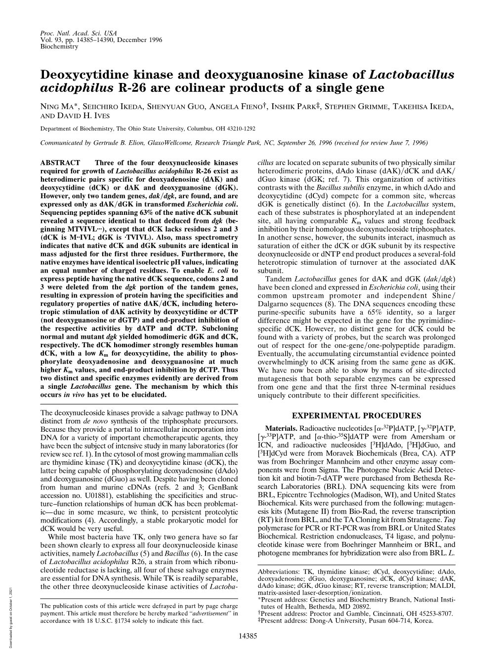 Deoxycytidine Kinase and Deoxyguanosine Kinase of Lactobacillus Acidophilus R-26 Are Colinear Products of a Single Gene