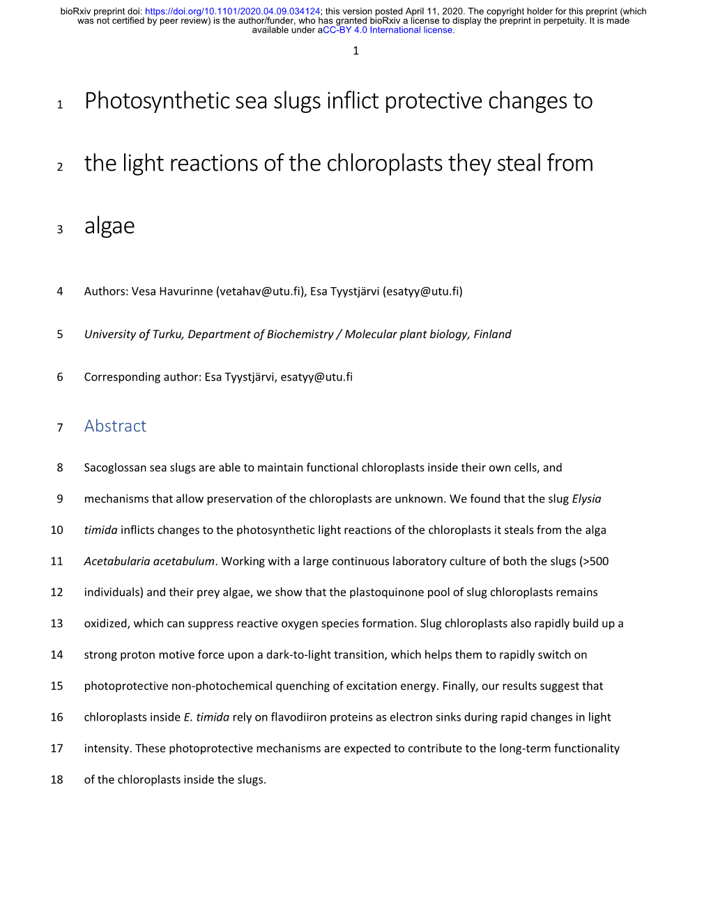 Photosynthetic Sea Slugs Inflict Protective Changes to the Light