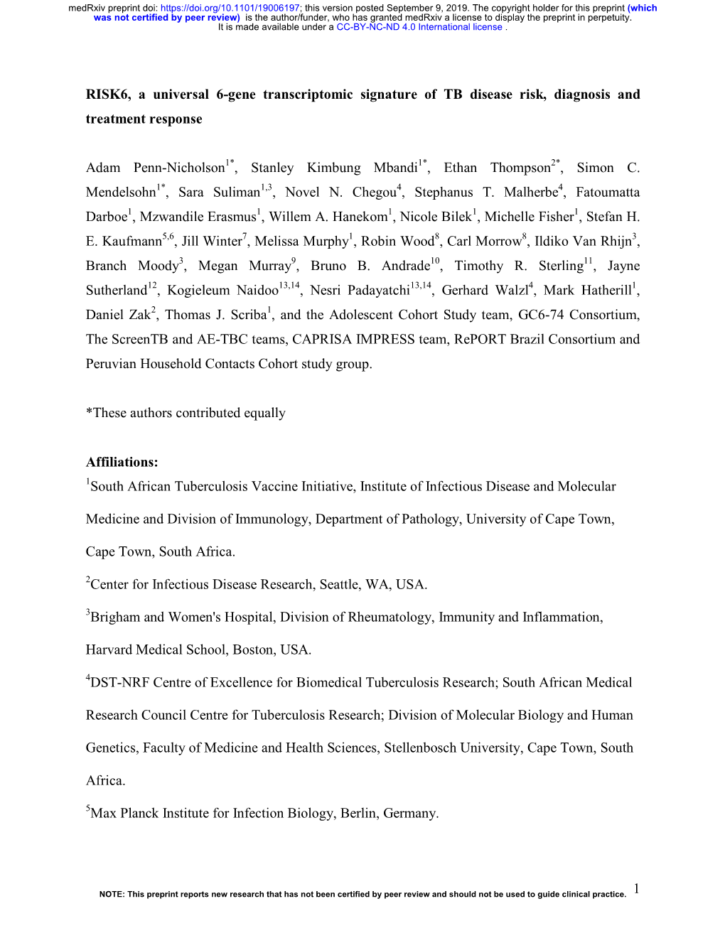 1 RISK6, a Universal 6-Gene Transcriptomic Signature of TB