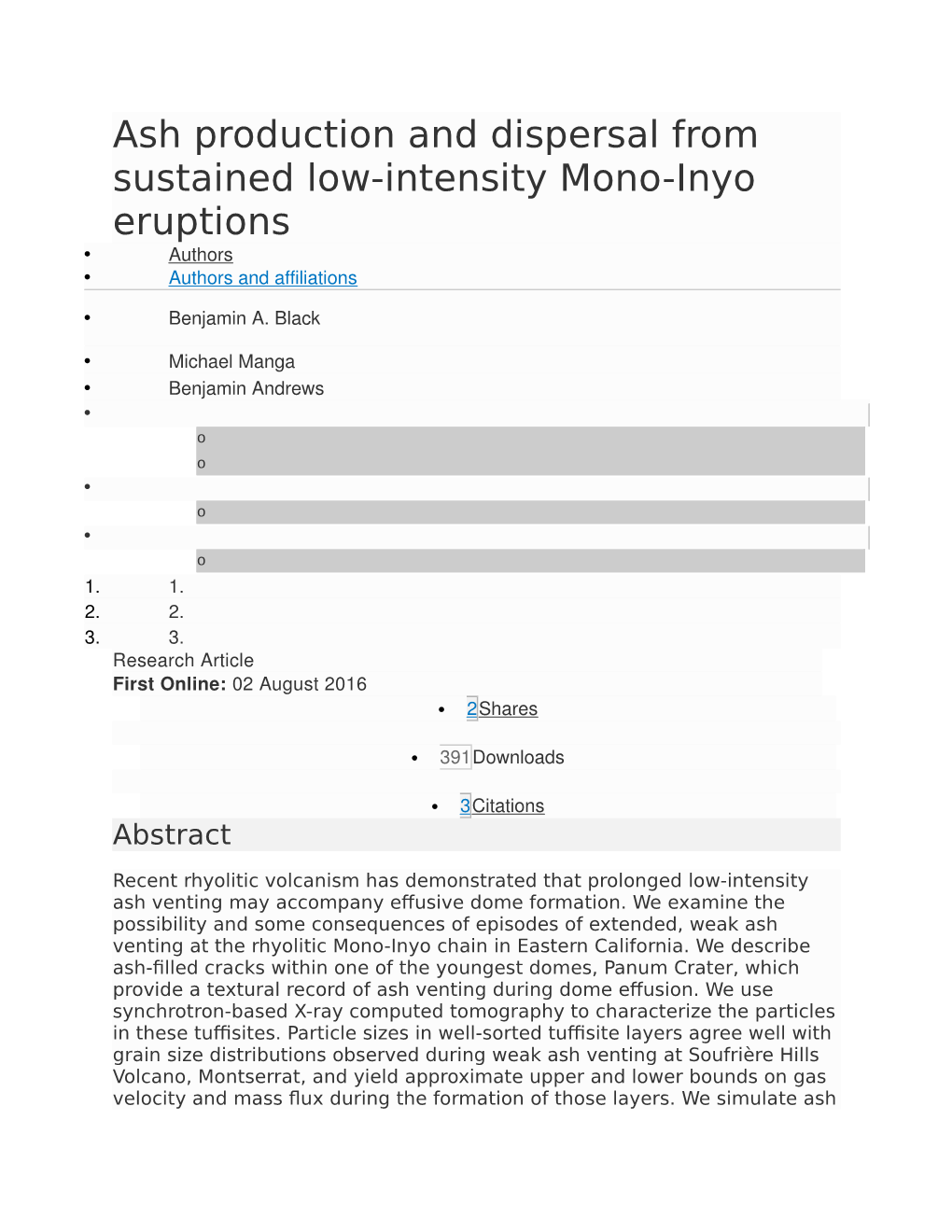 Ash Production and Dispersal from Sustained Low-Intensity Mono-Inyo Eruptions  Authors  Authors and Affiliations