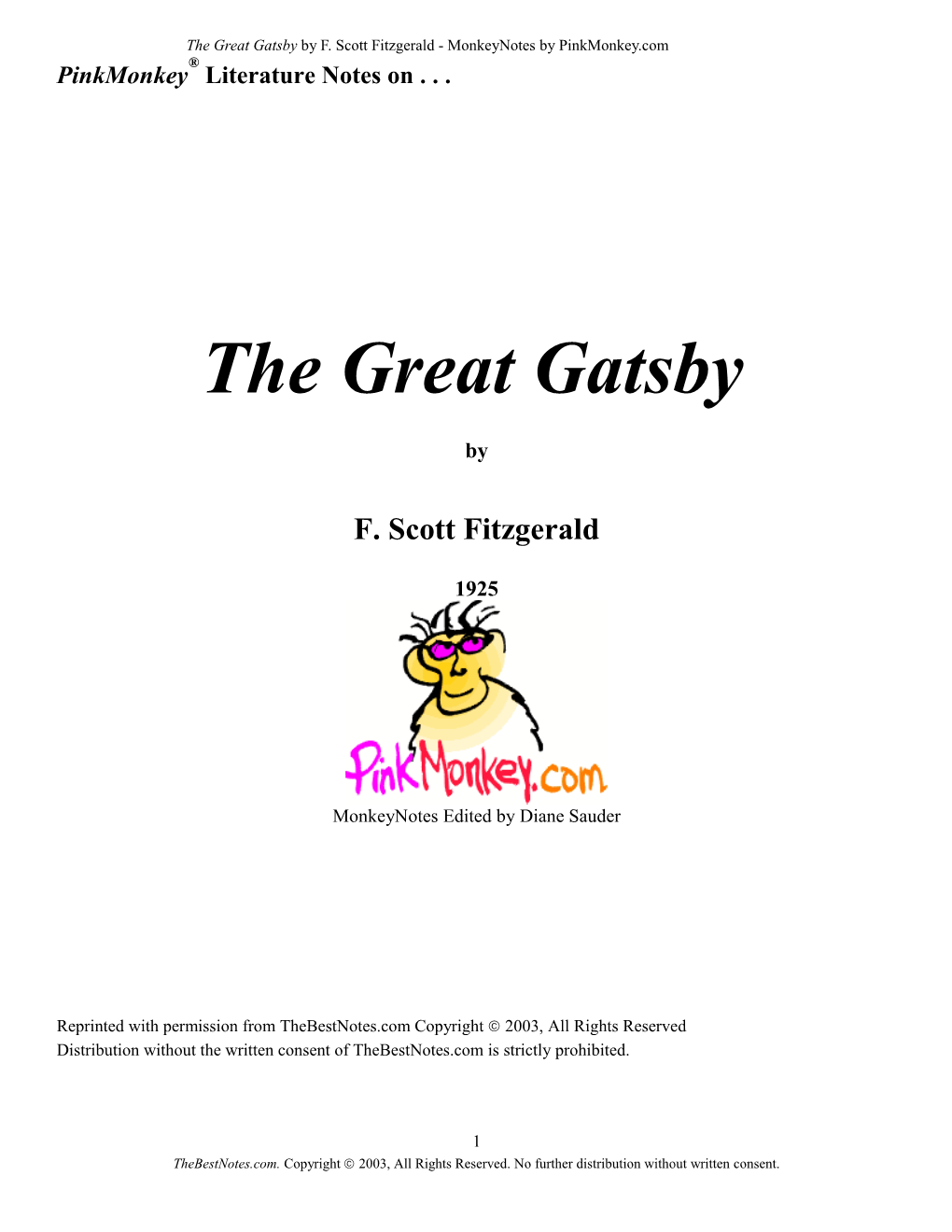 The Great Gatsby by F. Scott Fitzgerald - Monkeynotes by Pinkmonkey.Com