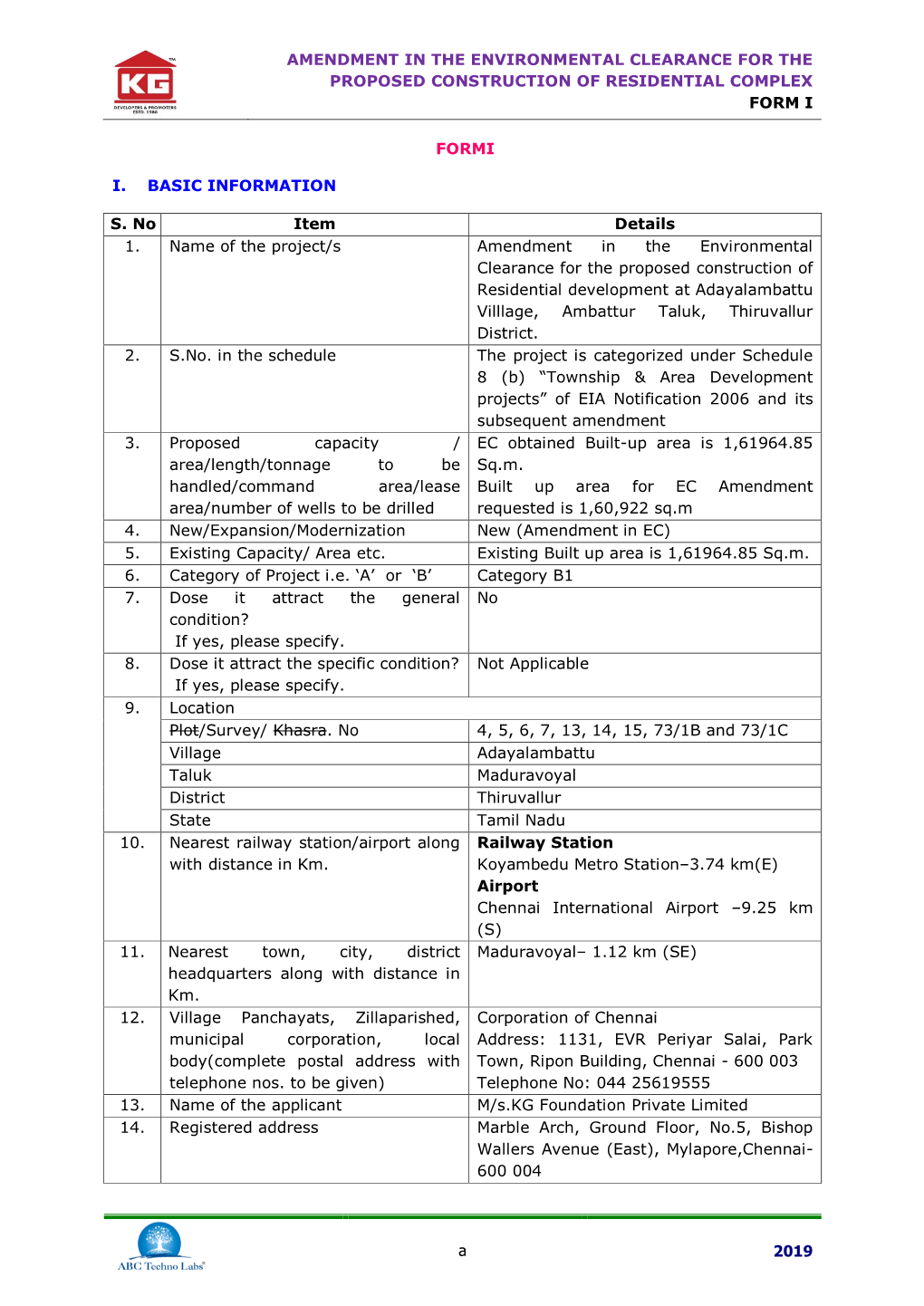 AMENDMENT in the ENVIRONMENTAL CLEARANCE for the PROPOSED CONSTRUCTION of RESIDENTIAL COMPLEX FORM I a 2019 FORMI I. BASIC INFOR