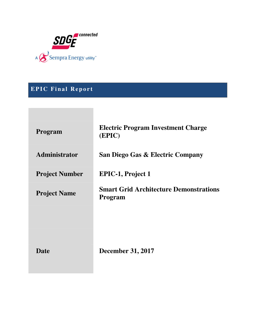 (EPIC) Administrator San Diego Gas & Electric Company Project