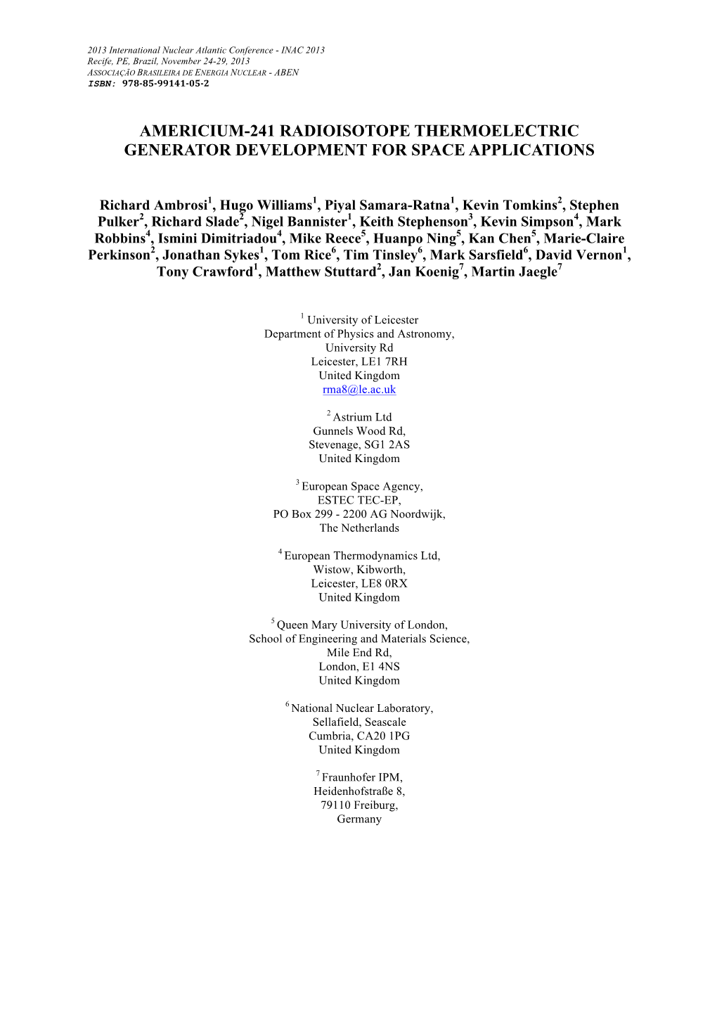 Americium-241 Radioisotope Thermoelectric Generator Development for Space Applications