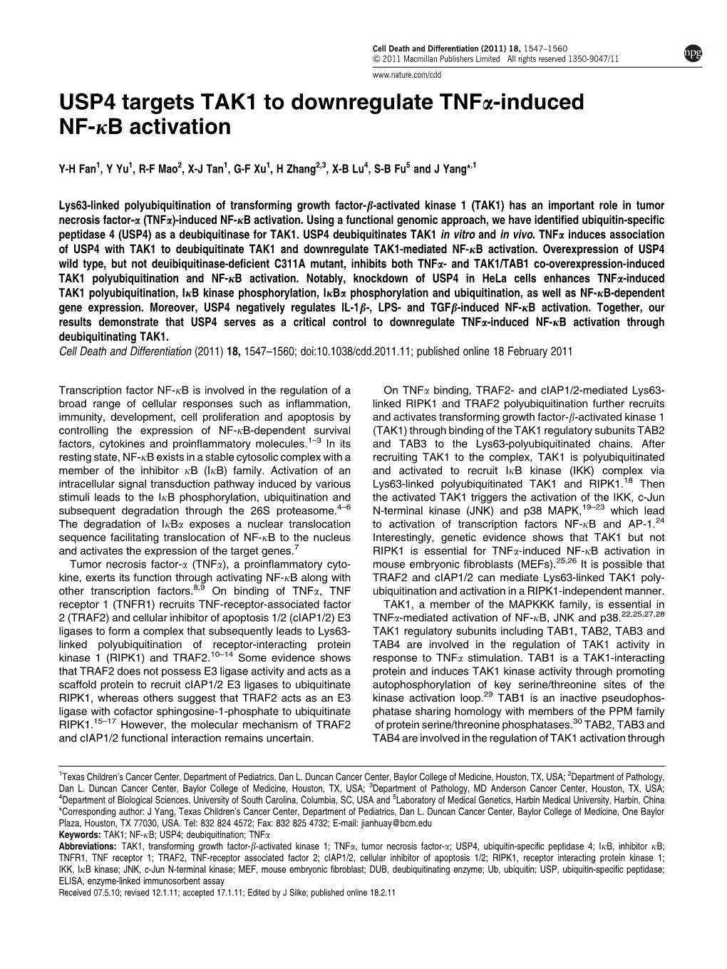 USP4 Targets TAK1 to Downregulate Tnfα-Induced NF-Κb Activation