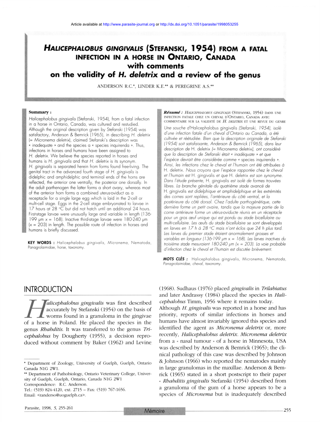 HALICEPHALOBUS GINGIVALIS (STEFANSKI, 1 954) from a FATAL INFECTION in a HORSE in ONTARIO, CANADA with Comments on the Validity of H