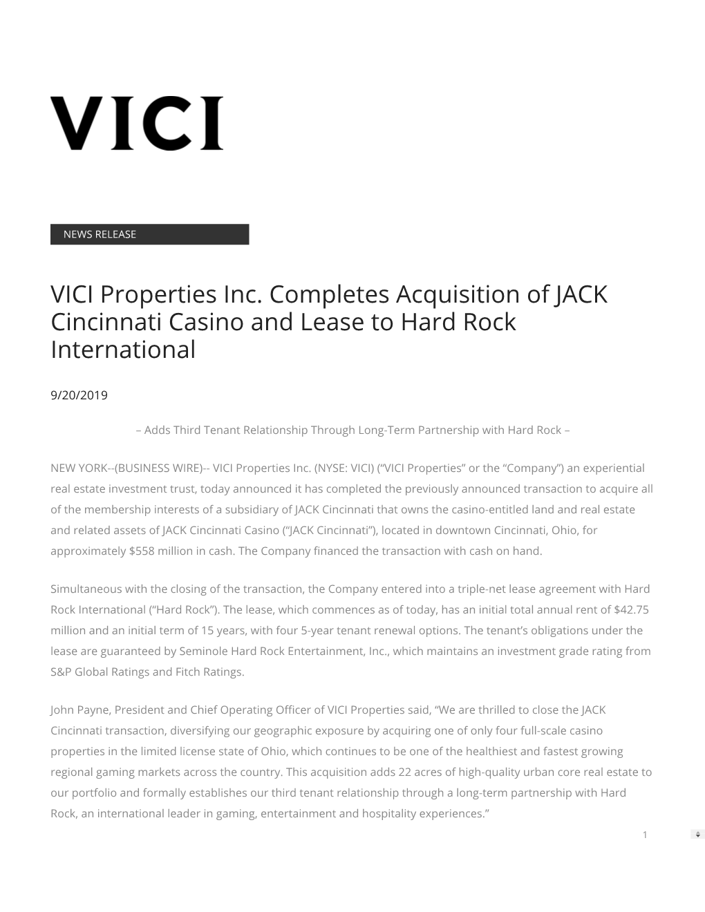 VICI Properties Inc. Completes Acquisition of JACK Cincinnati Casino and Lease to Hard Rock International