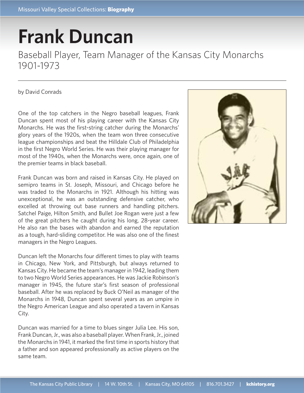 Frank Duncan Baseball Player, Team Manager of the Kansas City Monarchs 1901-1973