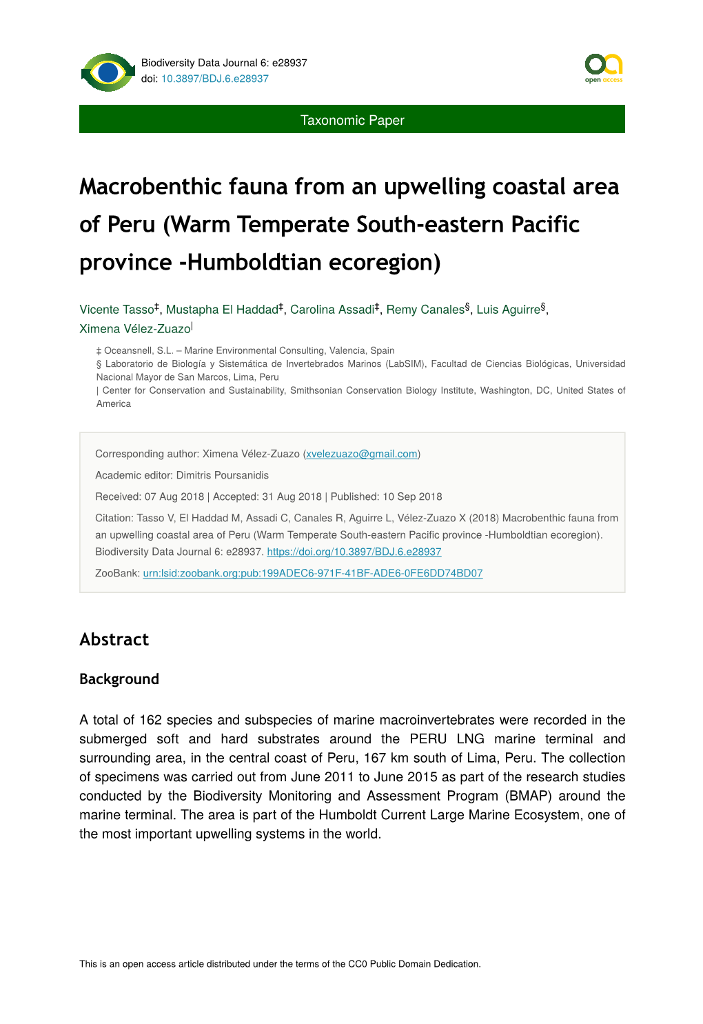 Macrobenthic Fauna from an Upwelling Coastal Area of Peru (Warm Temperate South-Eastern Pacific Province -Humboldtian Ecoregion)