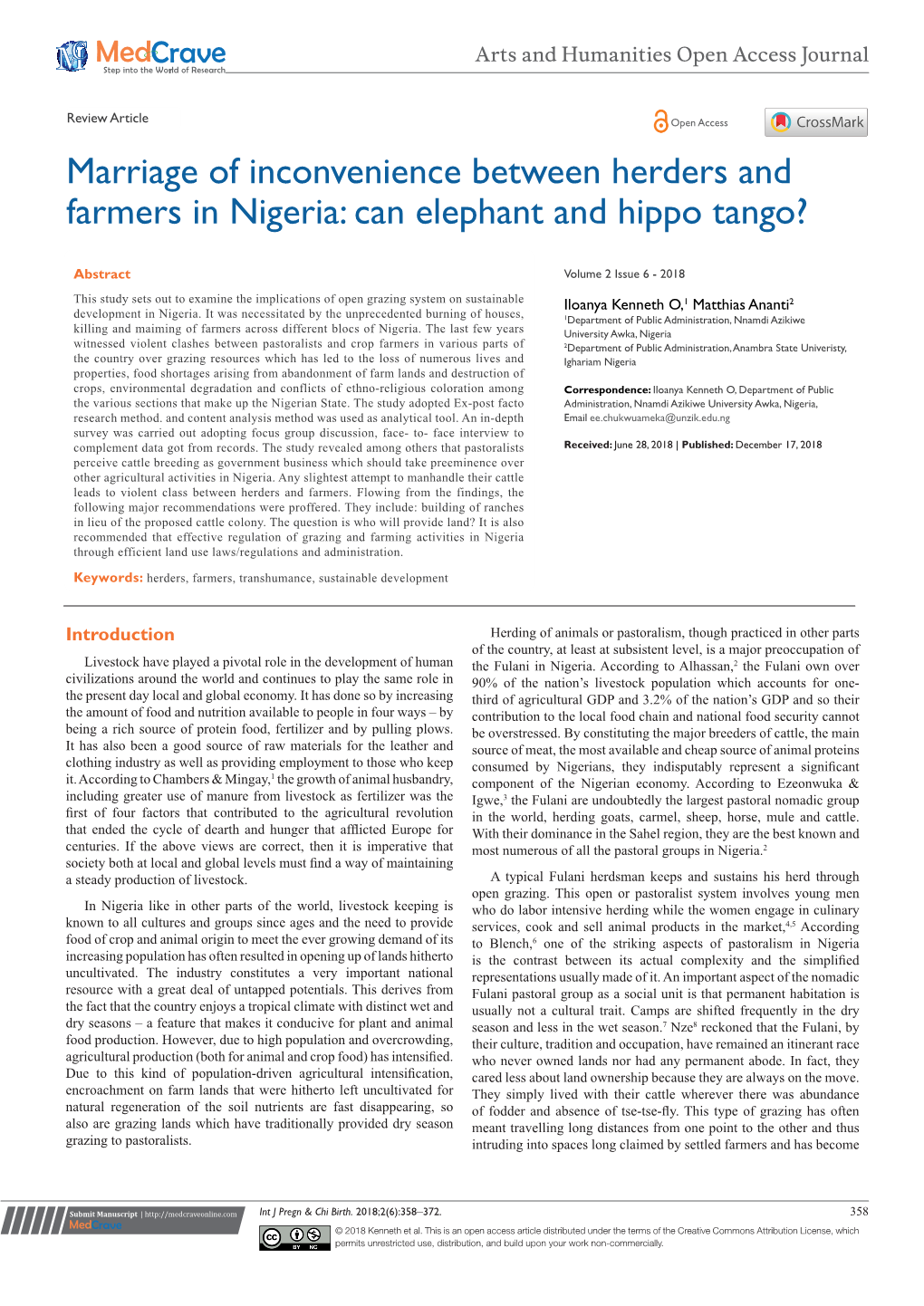 Marriage of Inconvenience Between Herders and Farmers in Nigeria: Can Elephant and Hippo Tango?