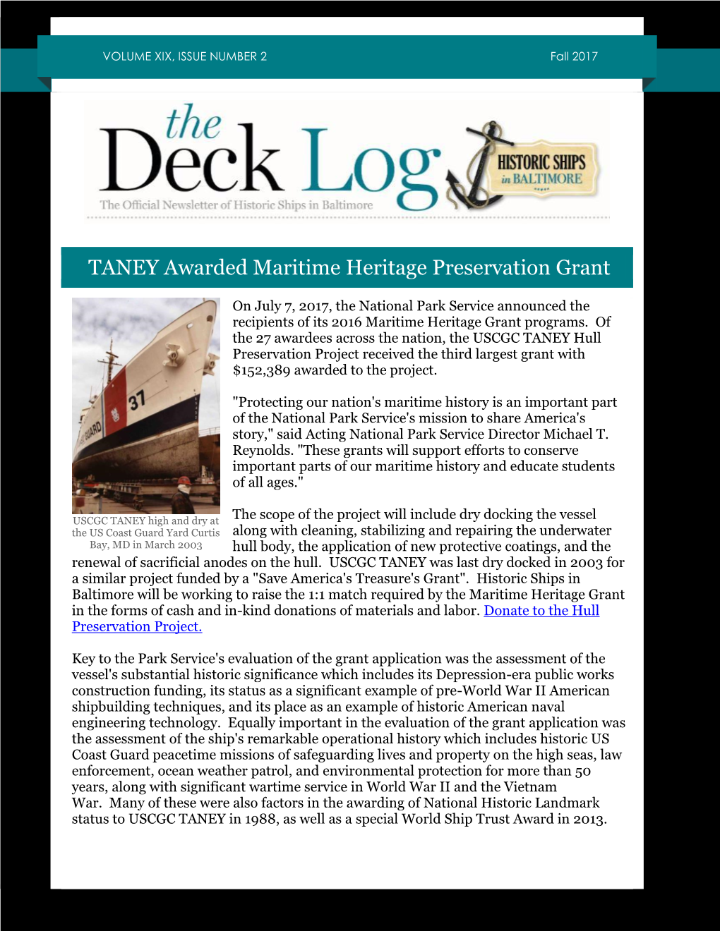 TANEY Awarded Maritime Heritage Preservation Grant