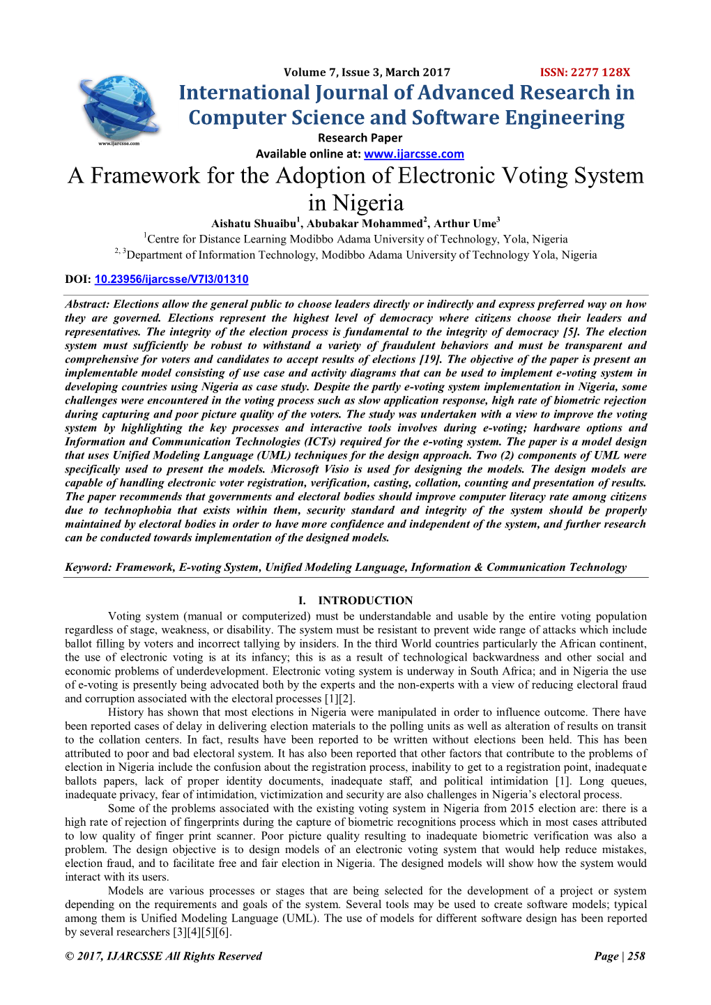 A Framework for the Adoption of Electronic Voting System in Nigeria