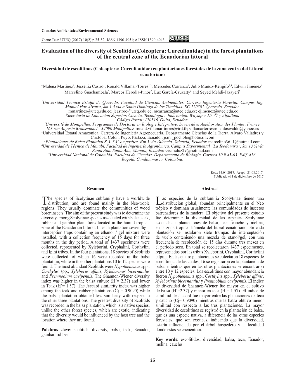 (Coleoptera: Curculionidae) in the Forest Plantations of the Central Zone of the Ecuadorian Littoral