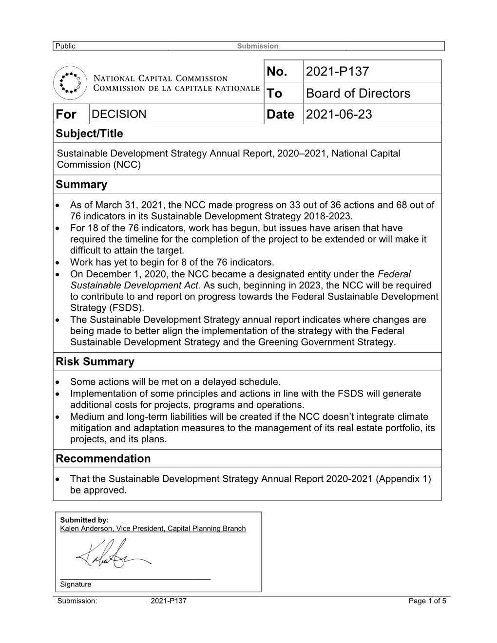 No. 2021-P137 to Board of Directors Date 2021-06-23