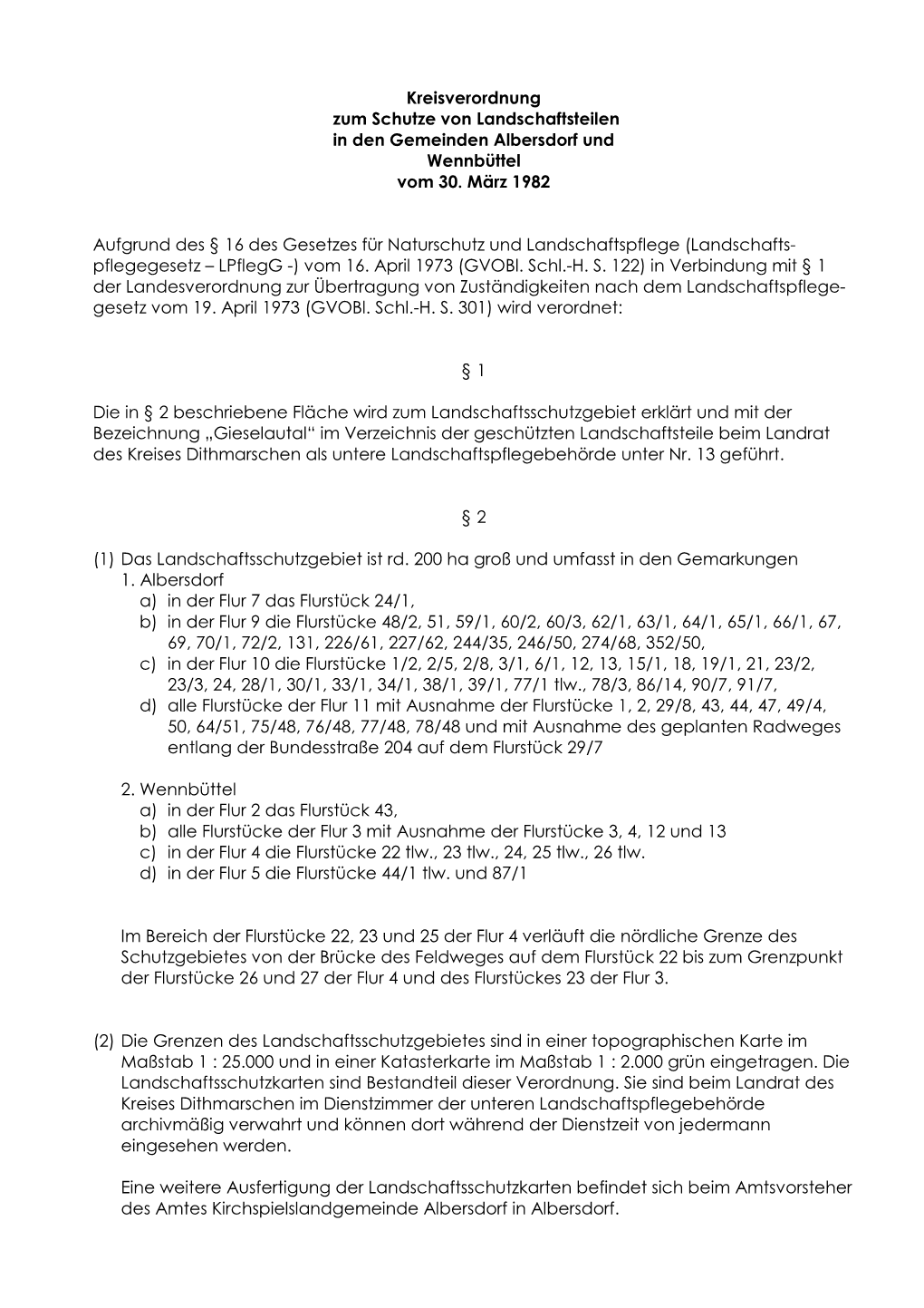 Kreisverordnung Zum Schutze Von Landschaftsteilen in Den Gemeinden Albersdorf Und Wennbüttel Vom 30