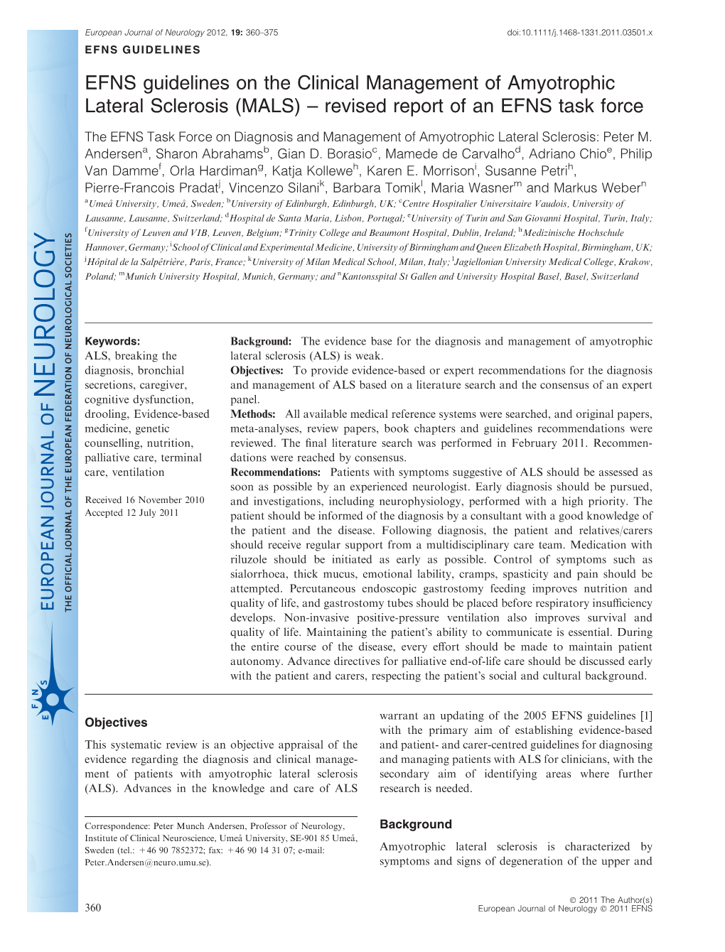 EFNS Guidelines on the Clinical Management of Amyotrophic Lateral Sclerosis (MALS) – Revised Report of an EFNS Task Force