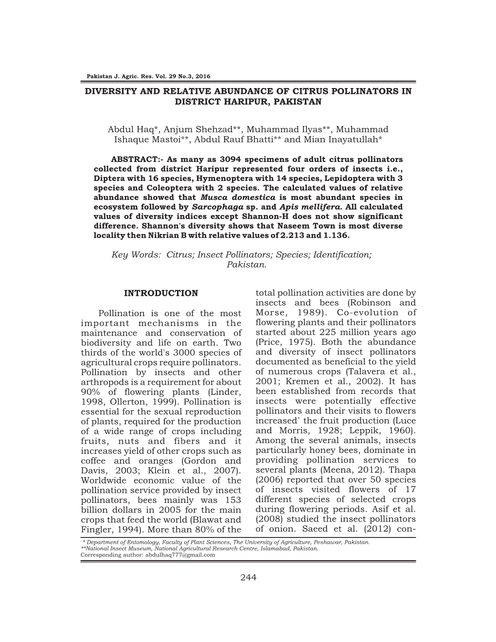 Diversity and Relative Abundance of Citrus Pollinators in District Haripur, Pakistan