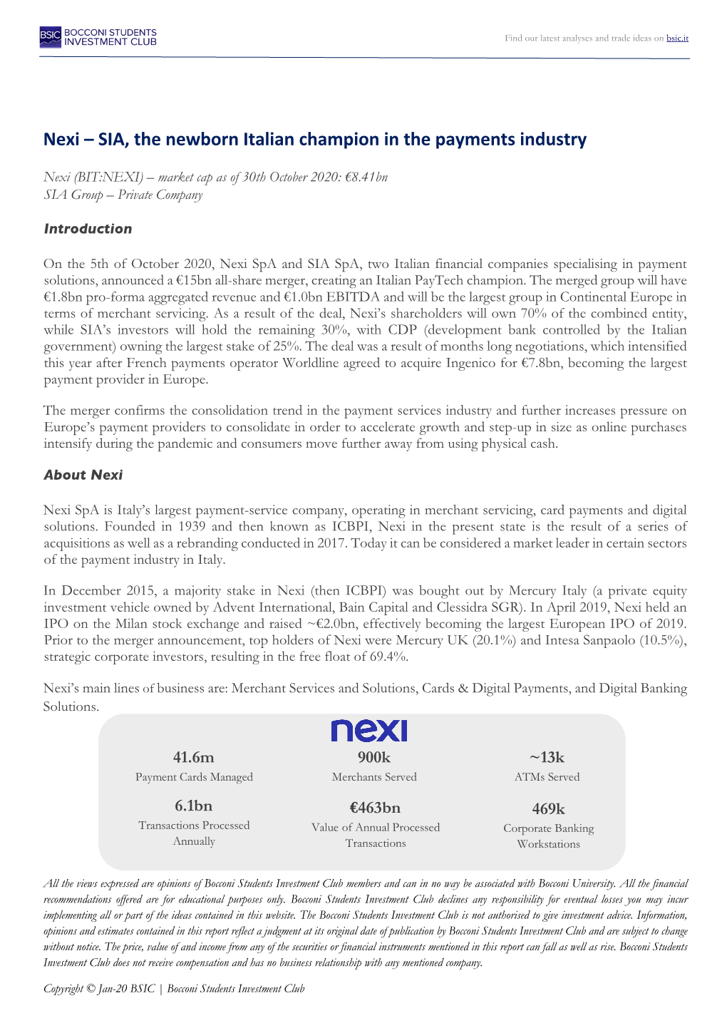 Nexi – SIA, the Newborn Italian Champion in the Payments Industry