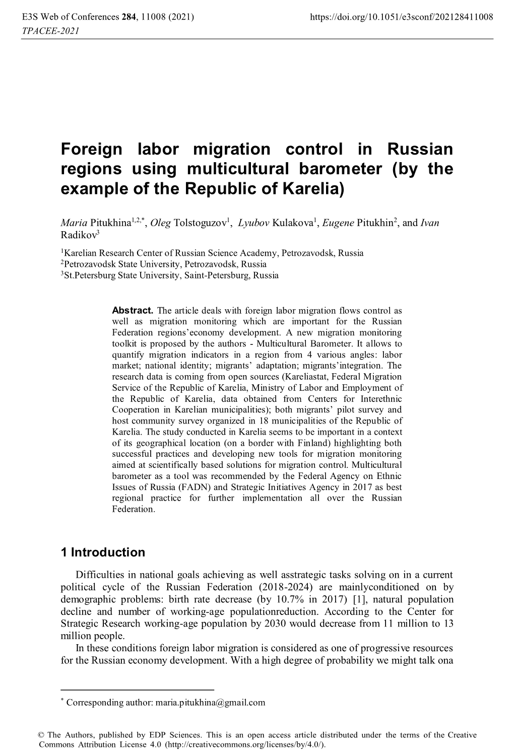 Foreign Labor Migration Control in Russian Regions Using Multicultural Barometer (By the Example of the Republic of Karelia)