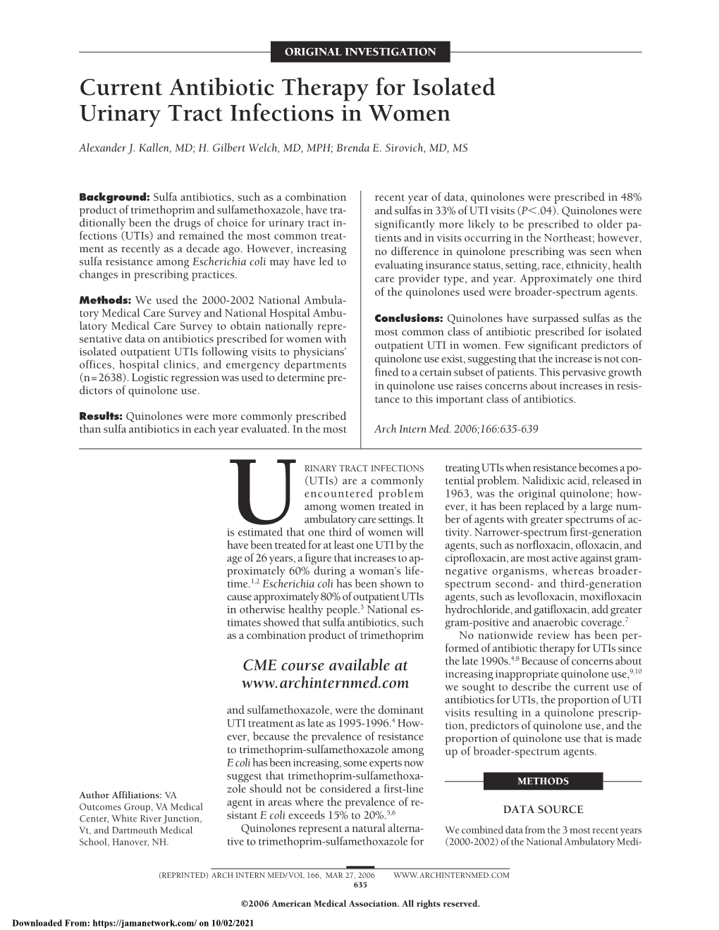 Current Antibiotic Therapy for Isolated Urinary Tract Infections in Women