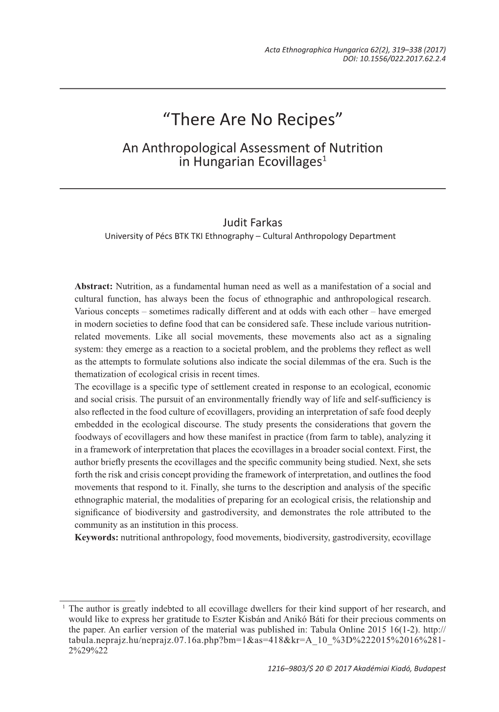 “There Are No Recipes” an Anthropological Assessment of Nutrition in Hungarian Ecovillages1