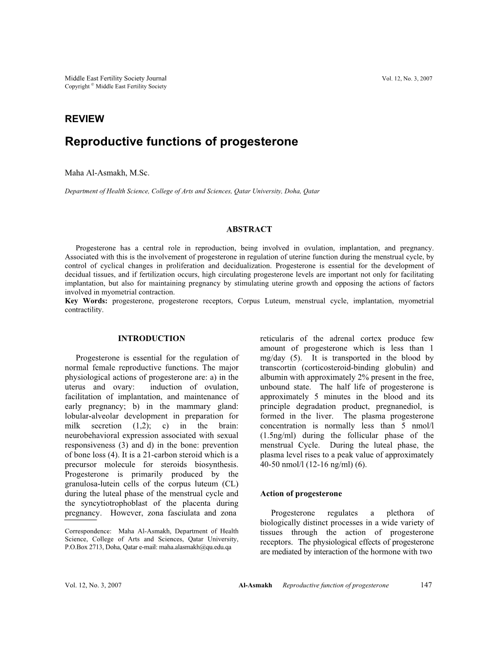 Reproductive Functions of Progesterone