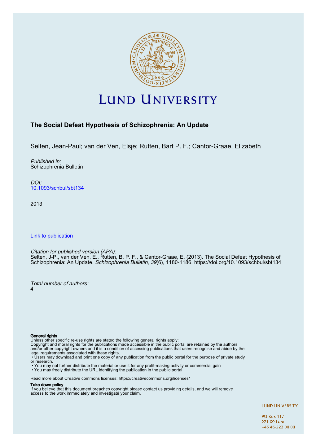 The Social Defeat Hypothesis of Schizophrenia: an Update