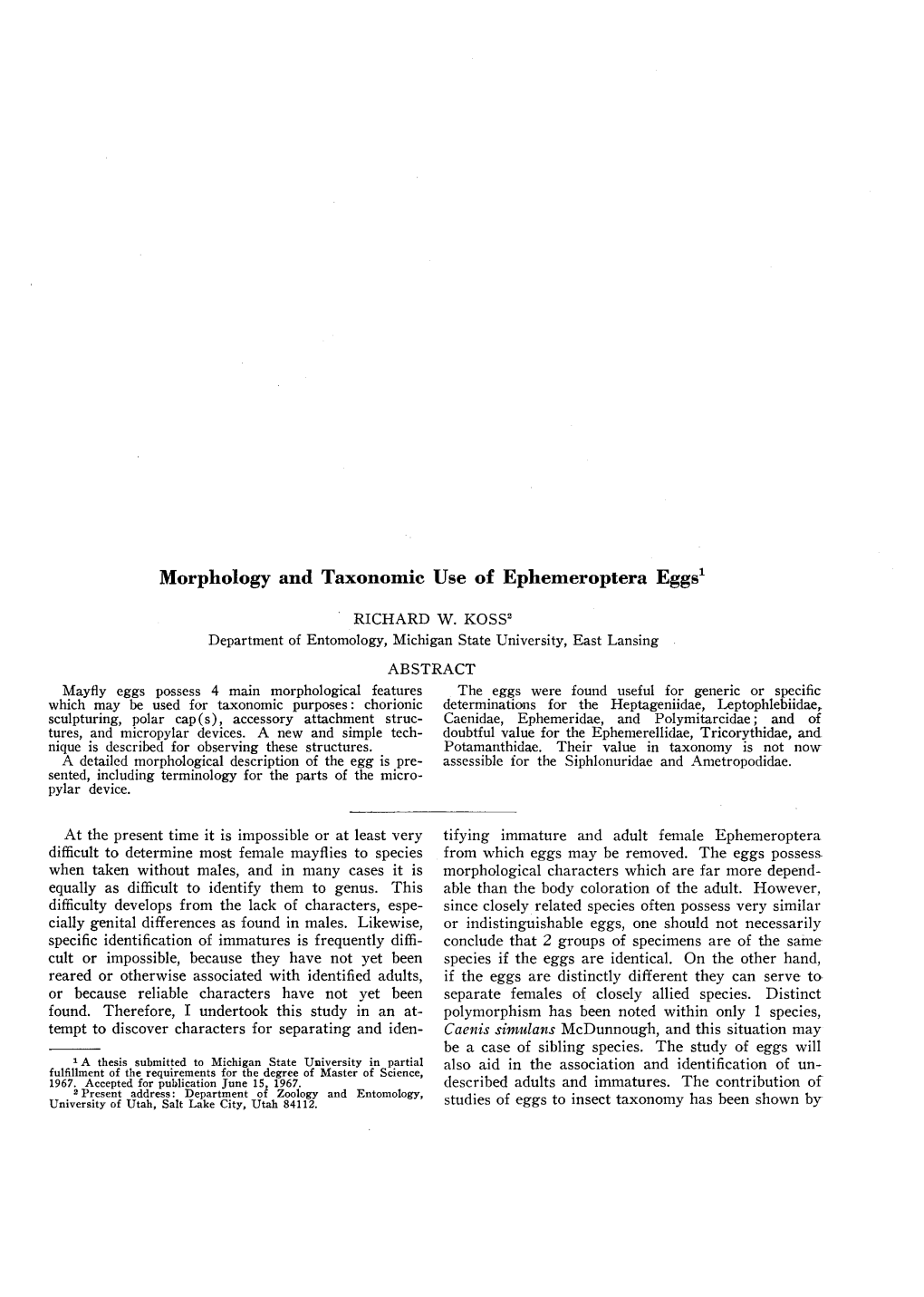 Morphology and Taxonomic Use of Ephemeroptera Eggs1