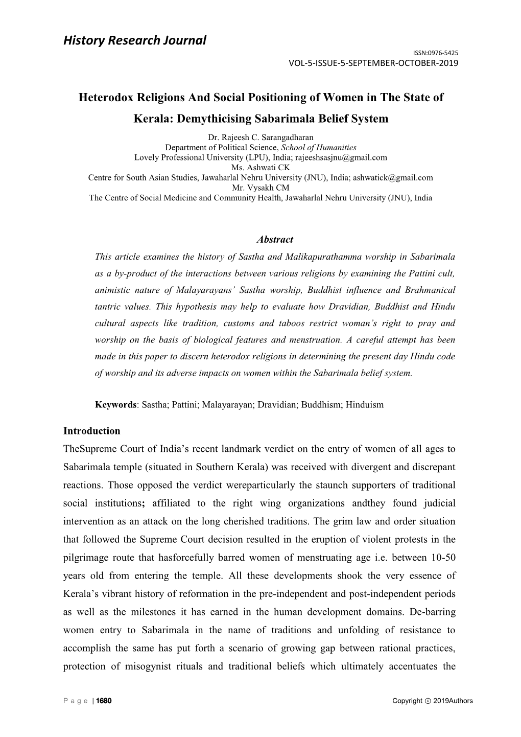 History Research Journal ISSN:0976-5425 VOL-5-ISSUE-5-SEPTEMBER-OCTOBER-2019