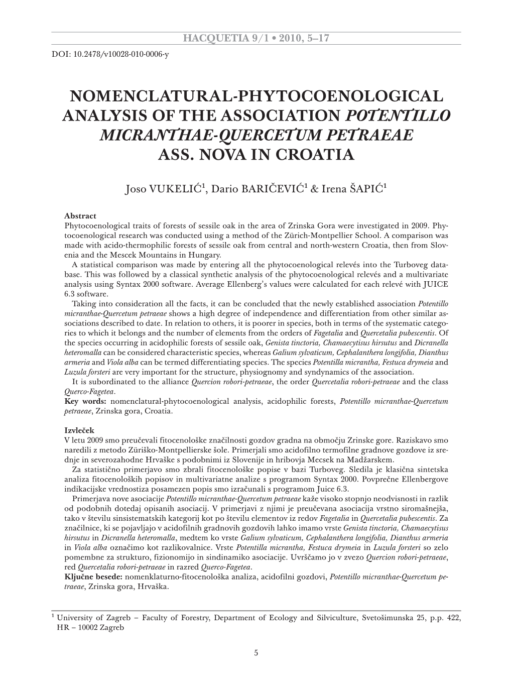 Nomenclatural-Phytocoenological Analysis of the Association Potentillo Micranthae-Quercetum Petraeae Ass