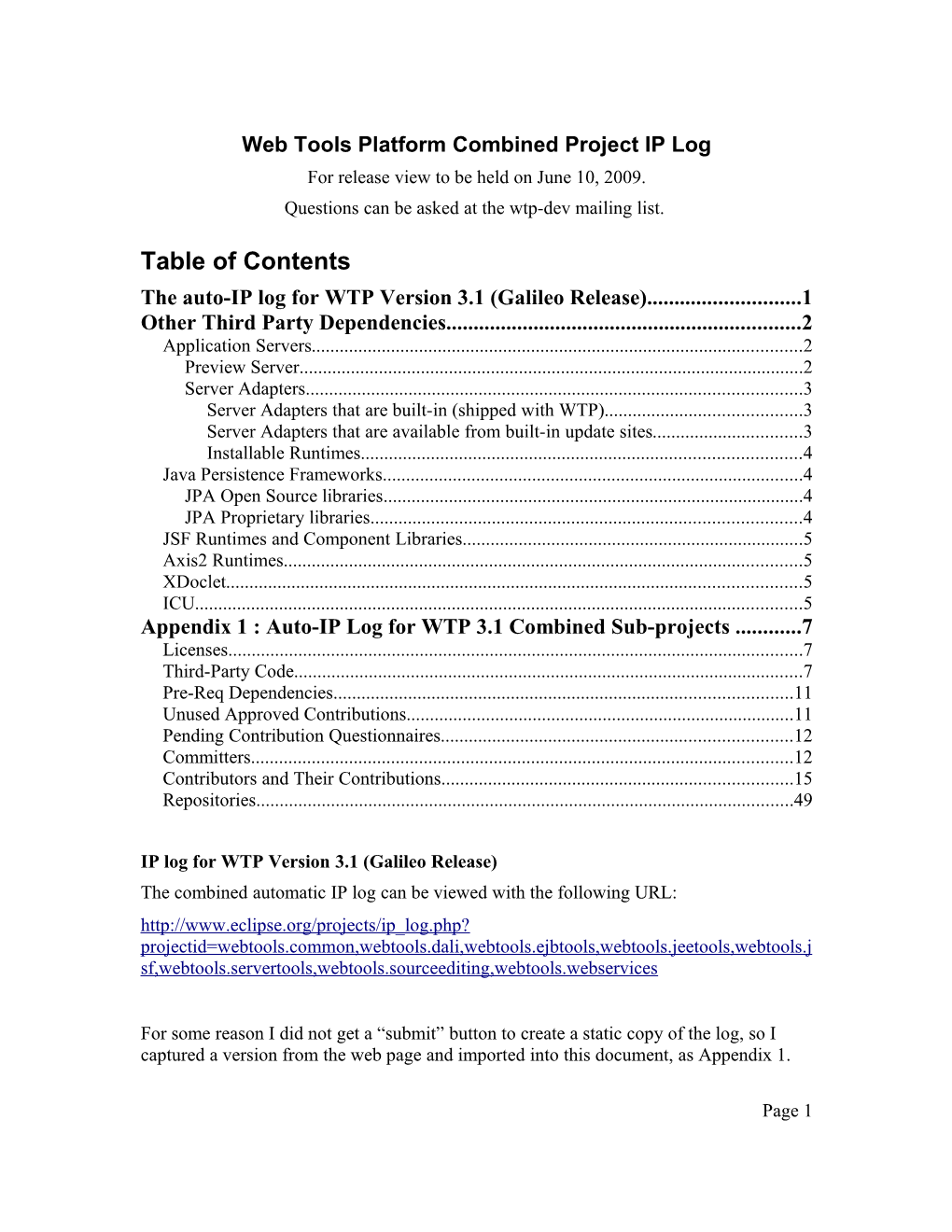 Table of Contents the Auto-IP Log for WTP Version 3.1 (Galileo Release)