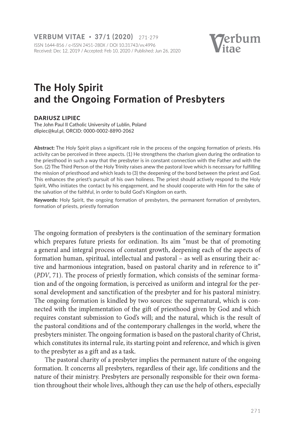 The Holy Spirit and the Ongoing Formation of Presbyters