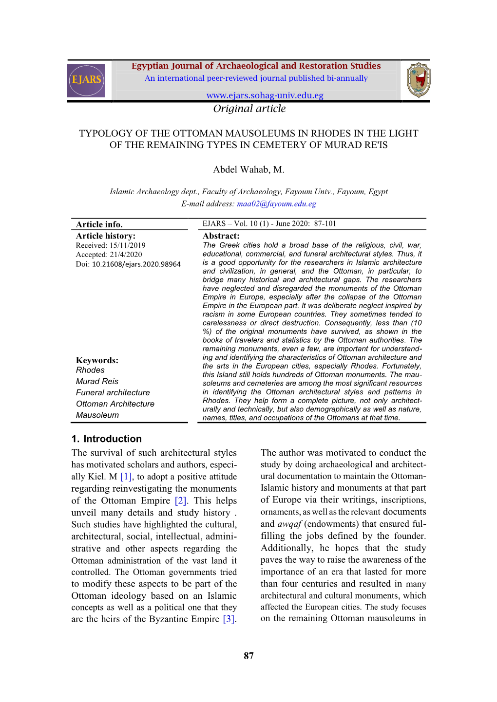 87 Original Article TYPOLOGY of the OTTOMAN MAUSOLEUMS IN