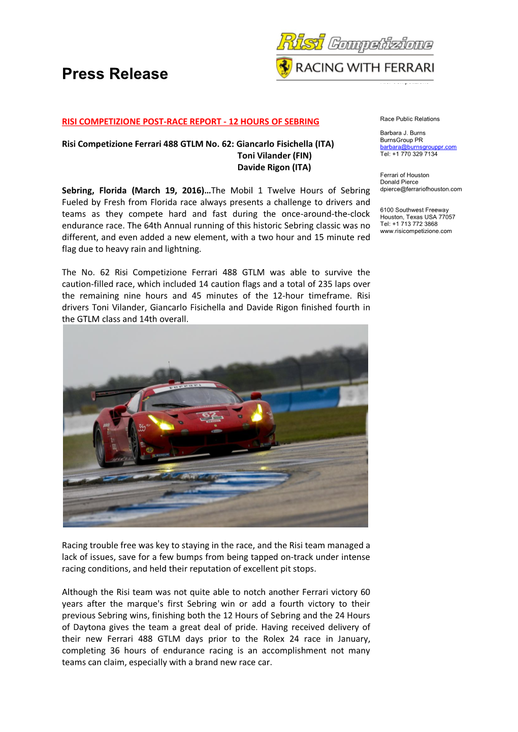 RISI COMPETIZIONE POST-RACE REPORT - 12 HOURS of SEBRING Barbara J