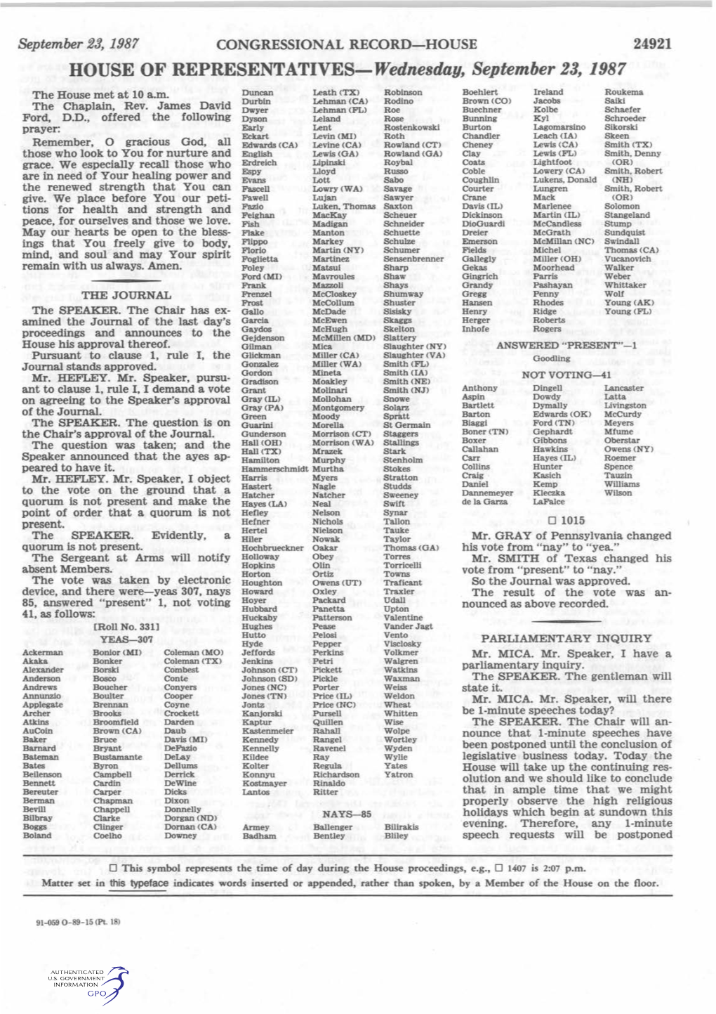 HOUSE of REPRESENTATIVES-Wednesday, September 23, 1987 the House Met at 10 A.M