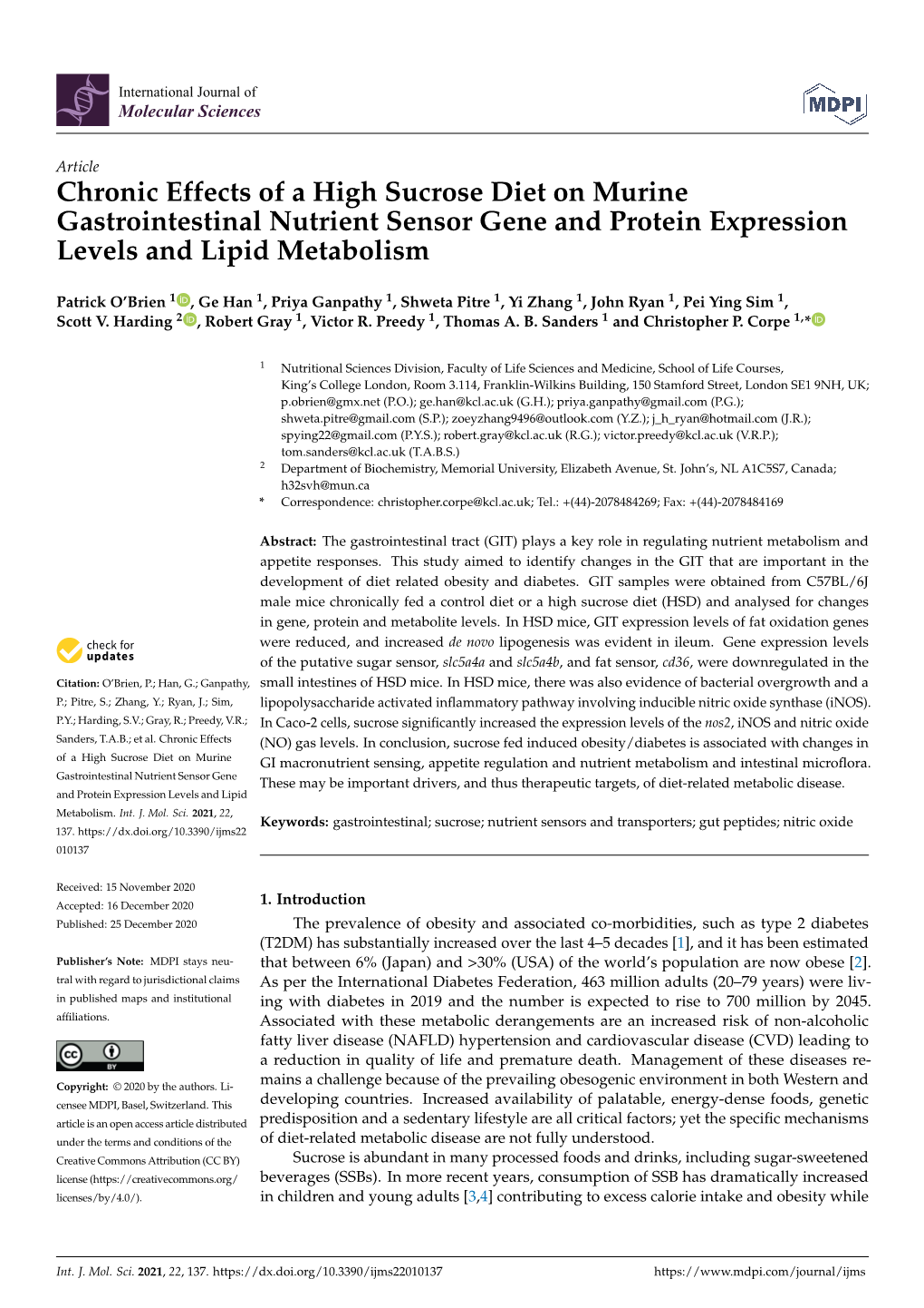 Chronic Effects of a High Sucrose Diet on Murine Gastrointestinal Nutrient Sensor Gene and Protein Expression Levels and Lipid Metabolism