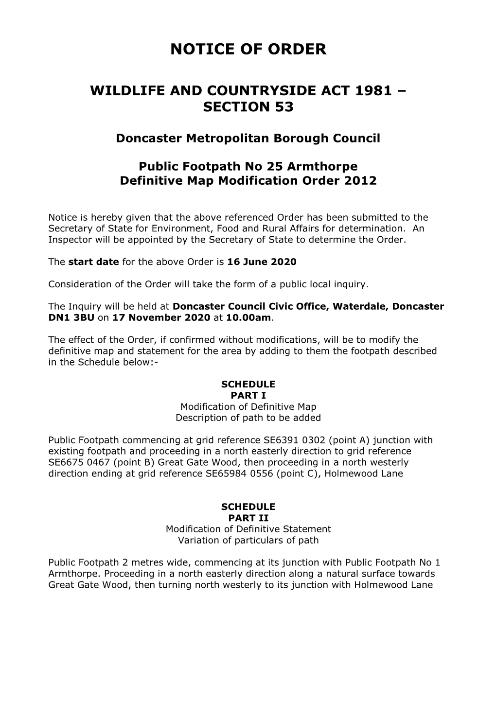 Public Footpath No 25 Armthorpe Definitive Map Modification Order 2012